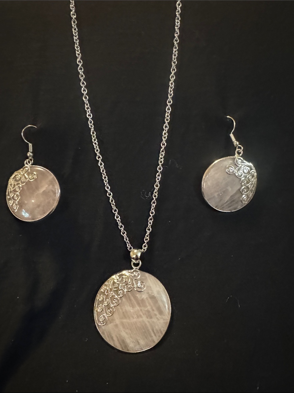 Silver-Tone Rose Quartz Pendant Necklace & Earrings Set